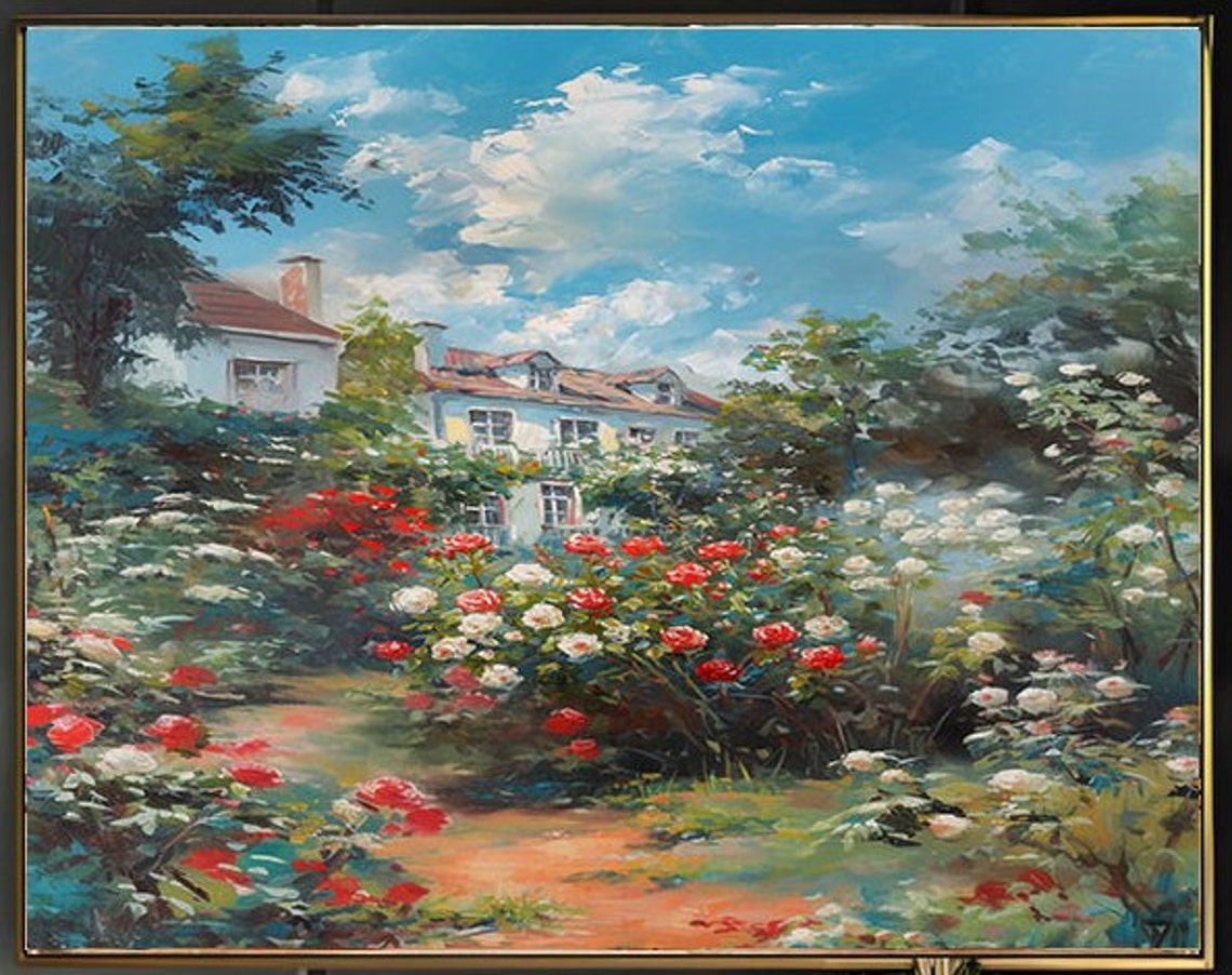 White Country House Among Lush Red White Roses Summer Sky Poster - Image 2