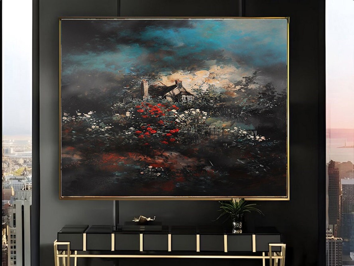 Moody Night Rose Garden Cottage Teal Sky Red White Roses Poster