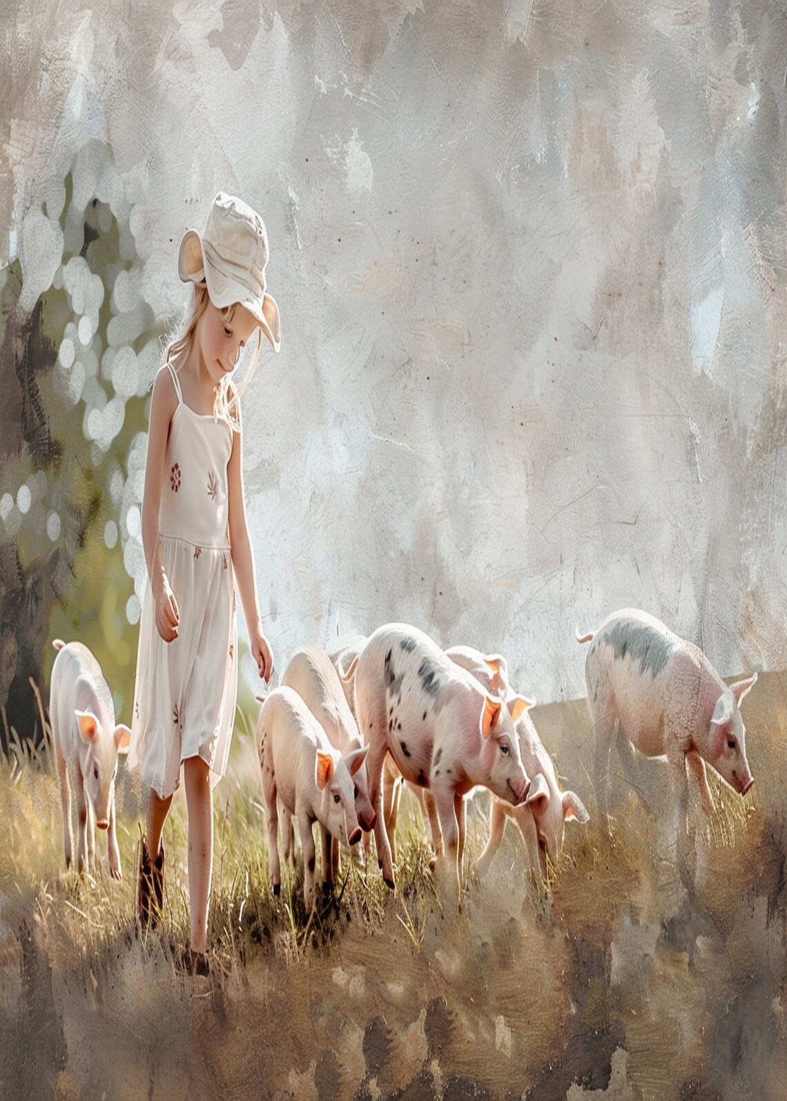 Girl in White Dress with Pigs in Sunlit Meadow Painting Poster - Image 3