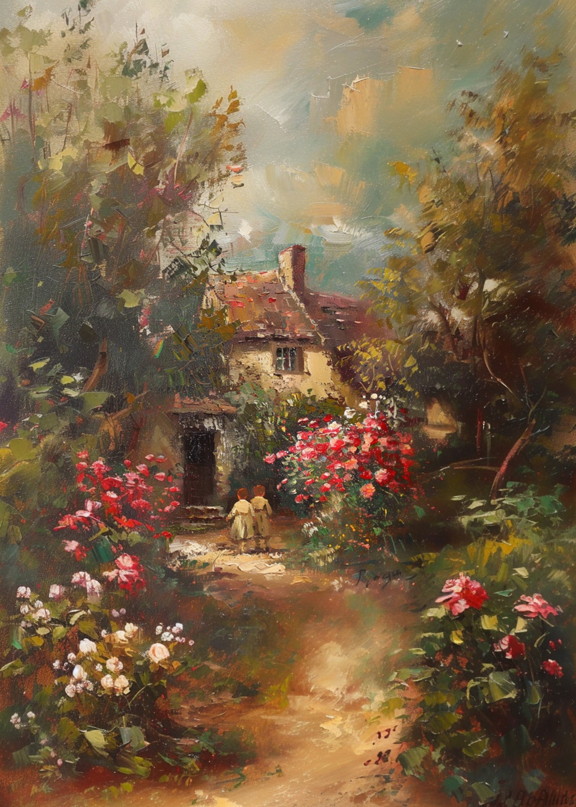 Children Playing in Cottage Rose Garden Rustic Farmhouse Path Poster - Image 3