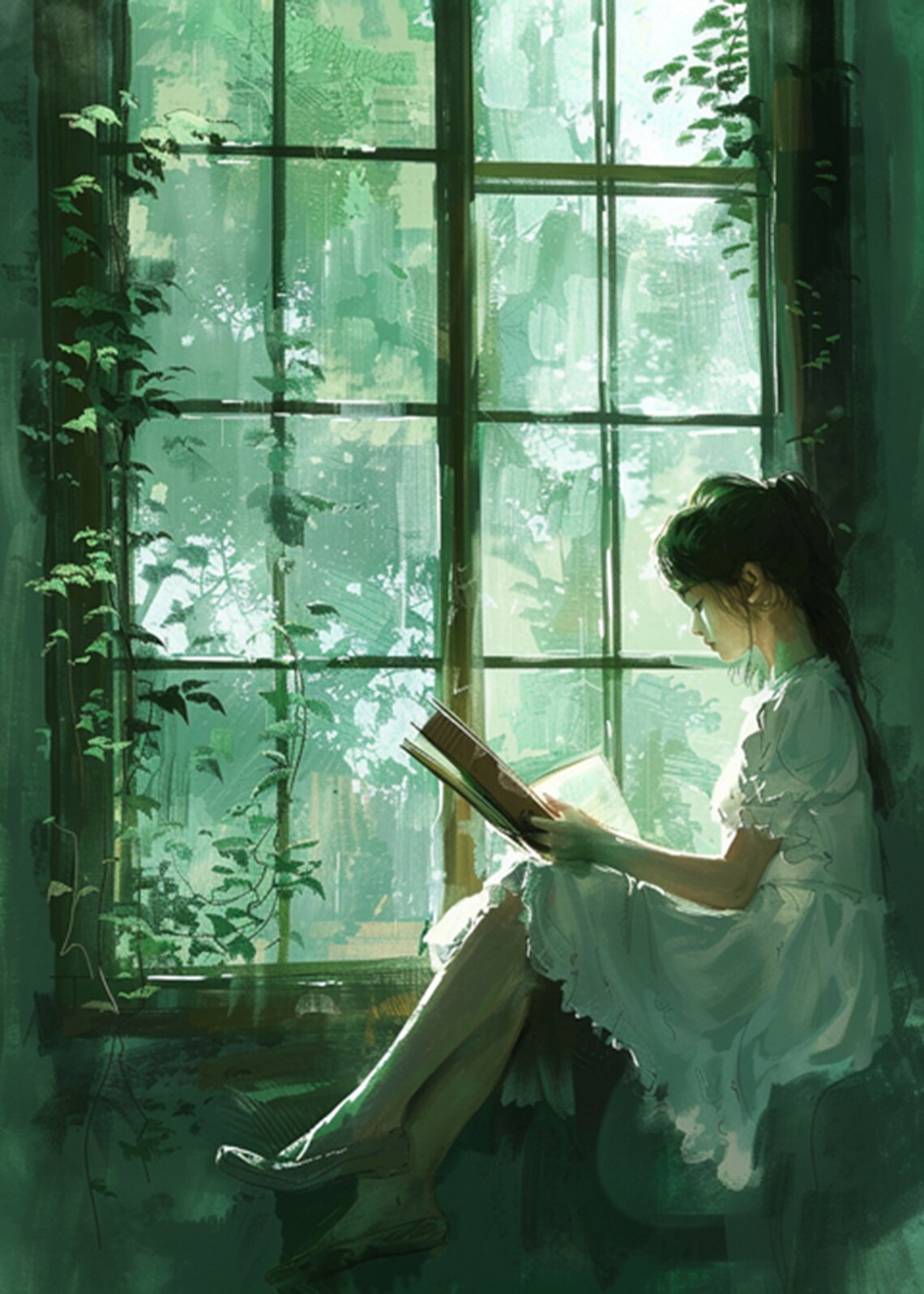 Woman Reading on a Window Seat in Green Garden Light Art Poster - Image 2