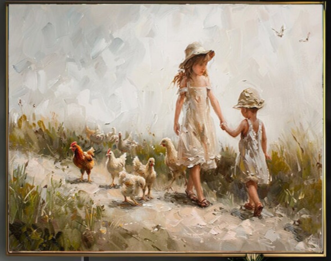 Two Girls in White Dresses with Chickens on Farm Path Poster - Image 2
