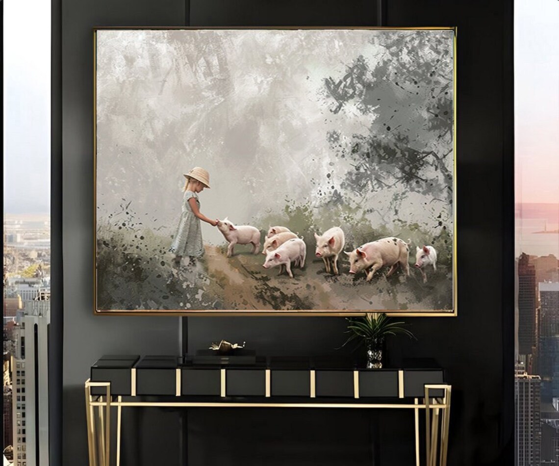 Girl in Straw Hat Feeding Piglets Watercolor Farmyard Art Poster