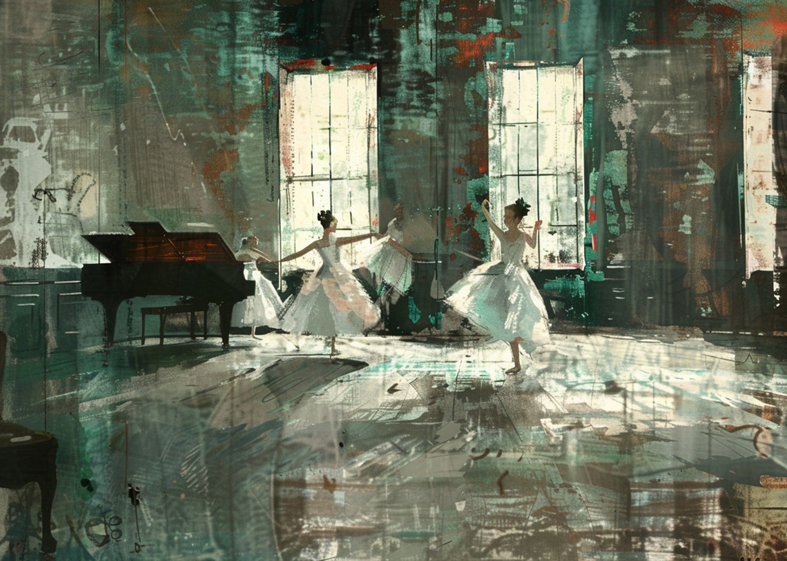 Ballerinas Rehearsing in a Moody Green Studio Oil Art Poster - Image 3