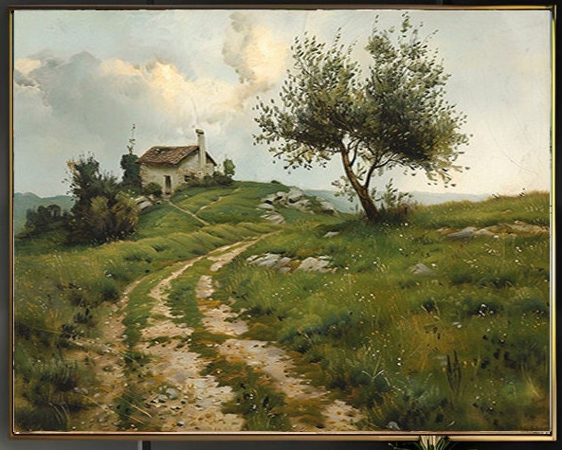 Stone Cottage on Green Hill Winding Path Spreading Tree Poster - Image 2