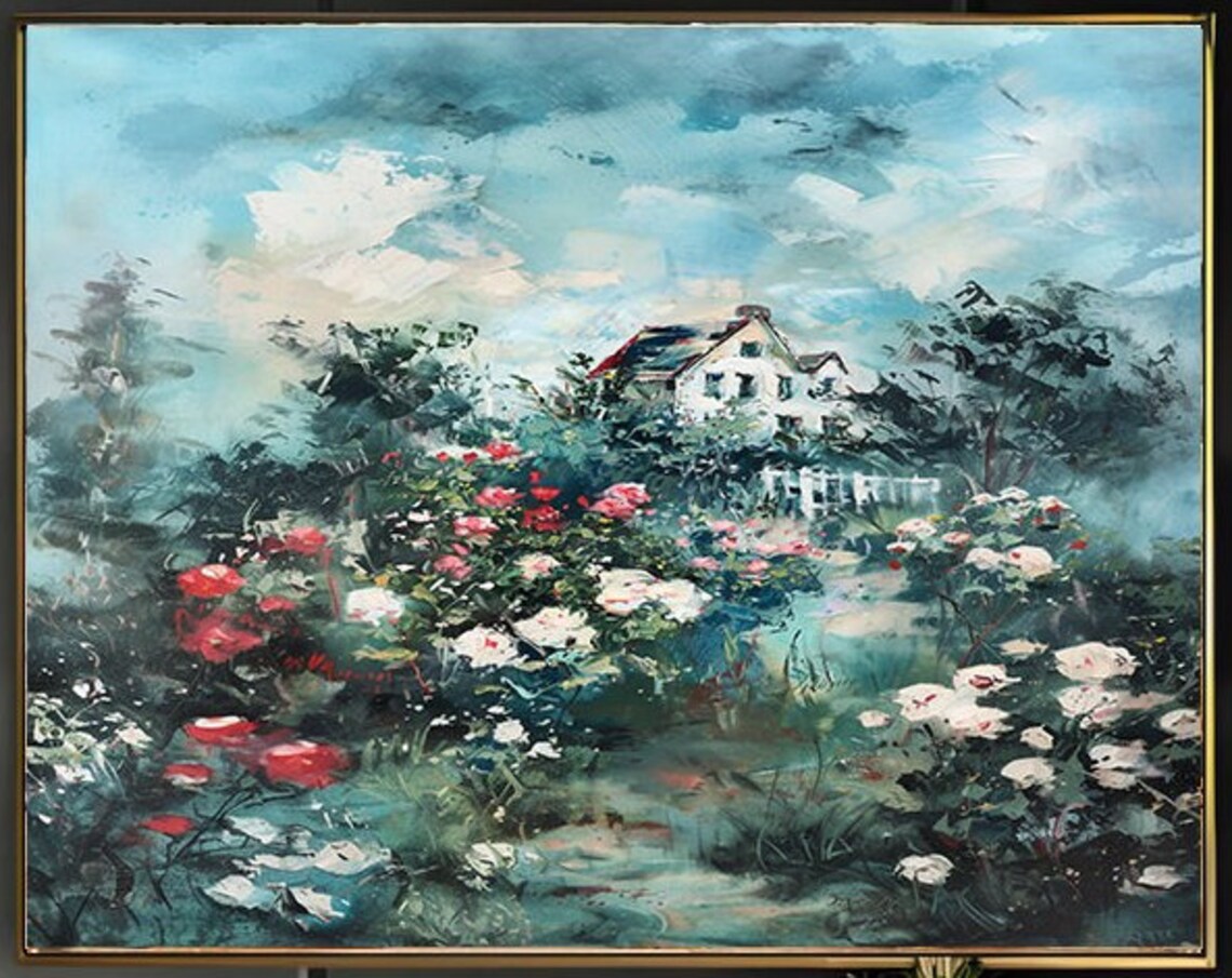 Misty Rose Garden White Fence House Beyond Blue Grey Sky Poster - Image 2