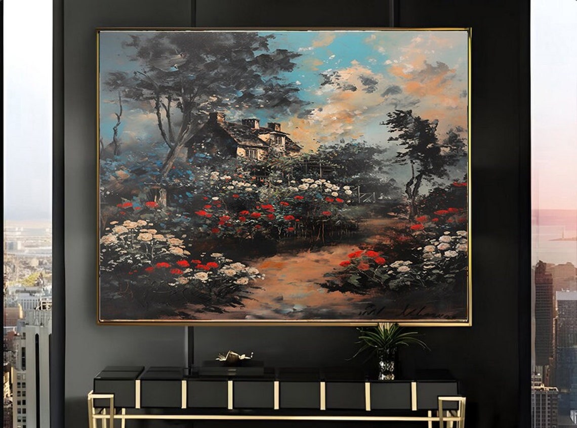 Winding Path Through Red White Rose Garden Under Blue Sky Poster