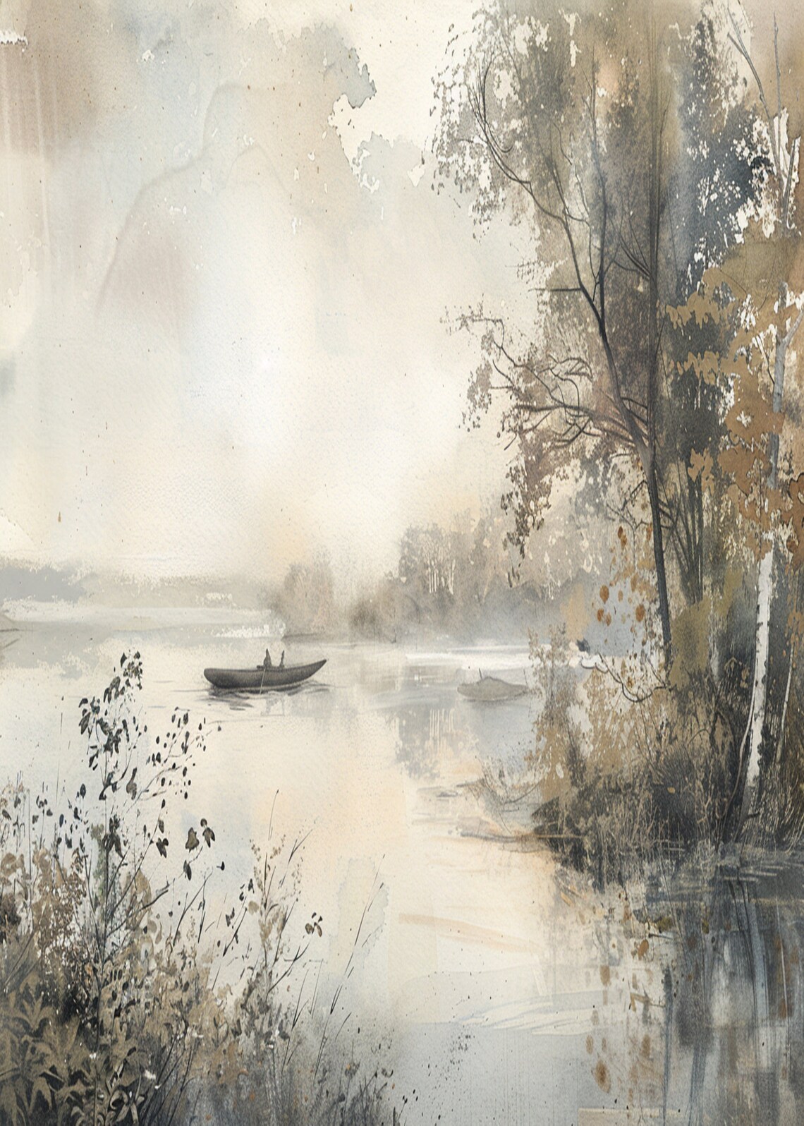 Misty Gray Morning Lake Scene with a Lone Boat Watercolor Poster - Image 3