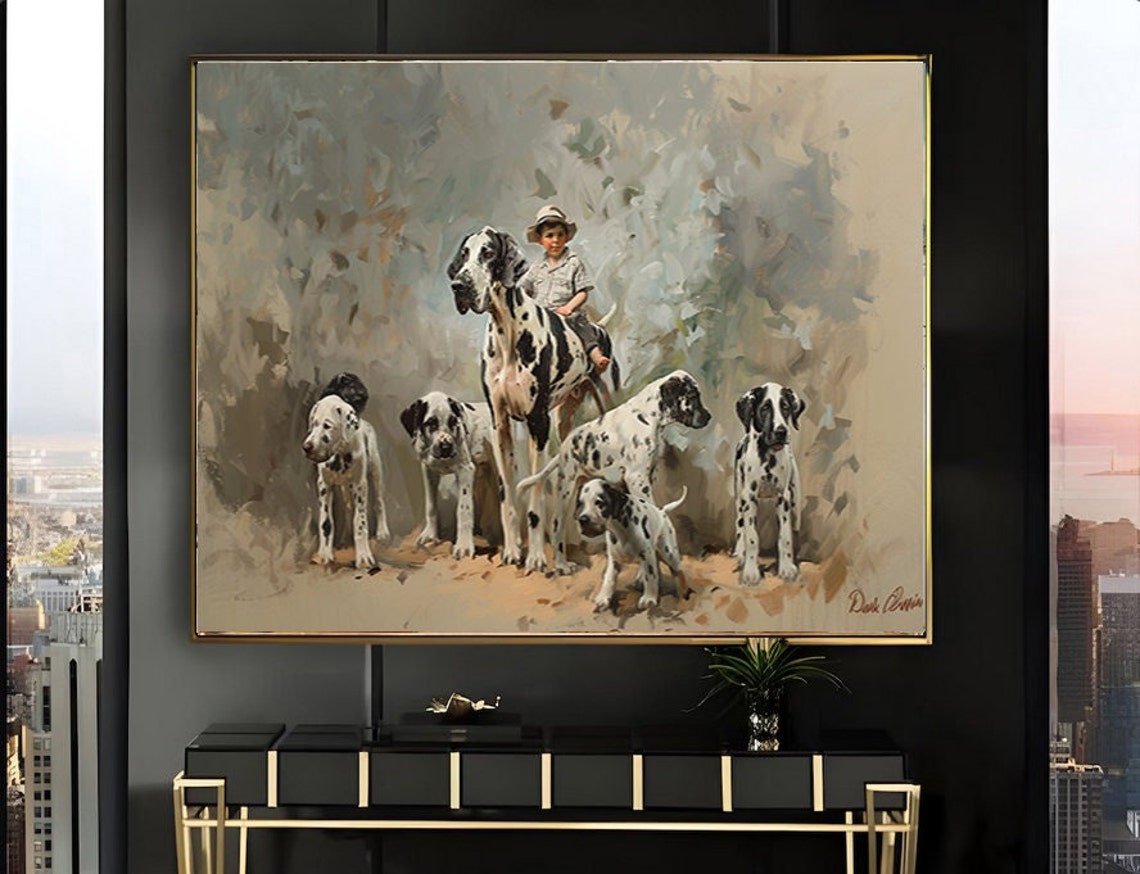Boy Riding a Harlequin Great Dane with Dalmatian Pack Poster