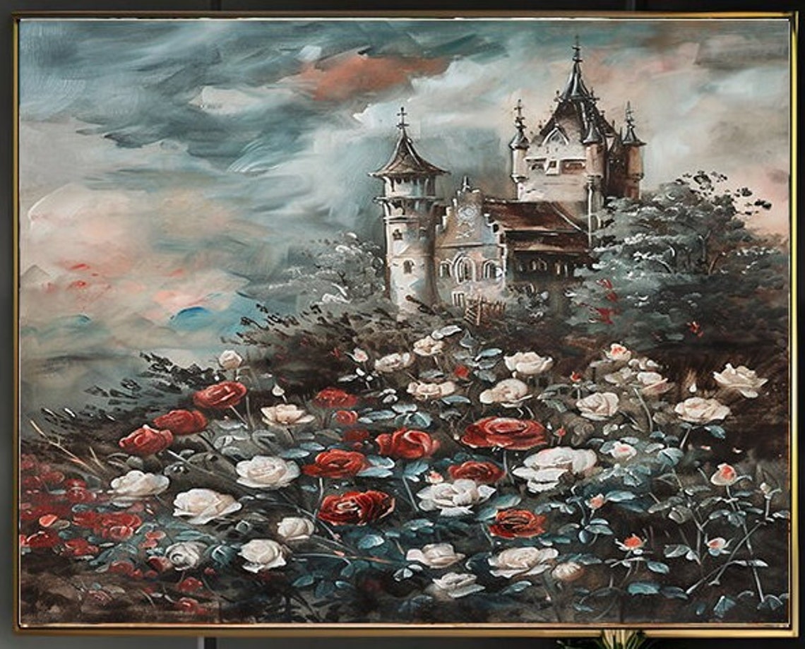Twin Spired Castle on Hill Above Red White Rose Field Poster - Image 2