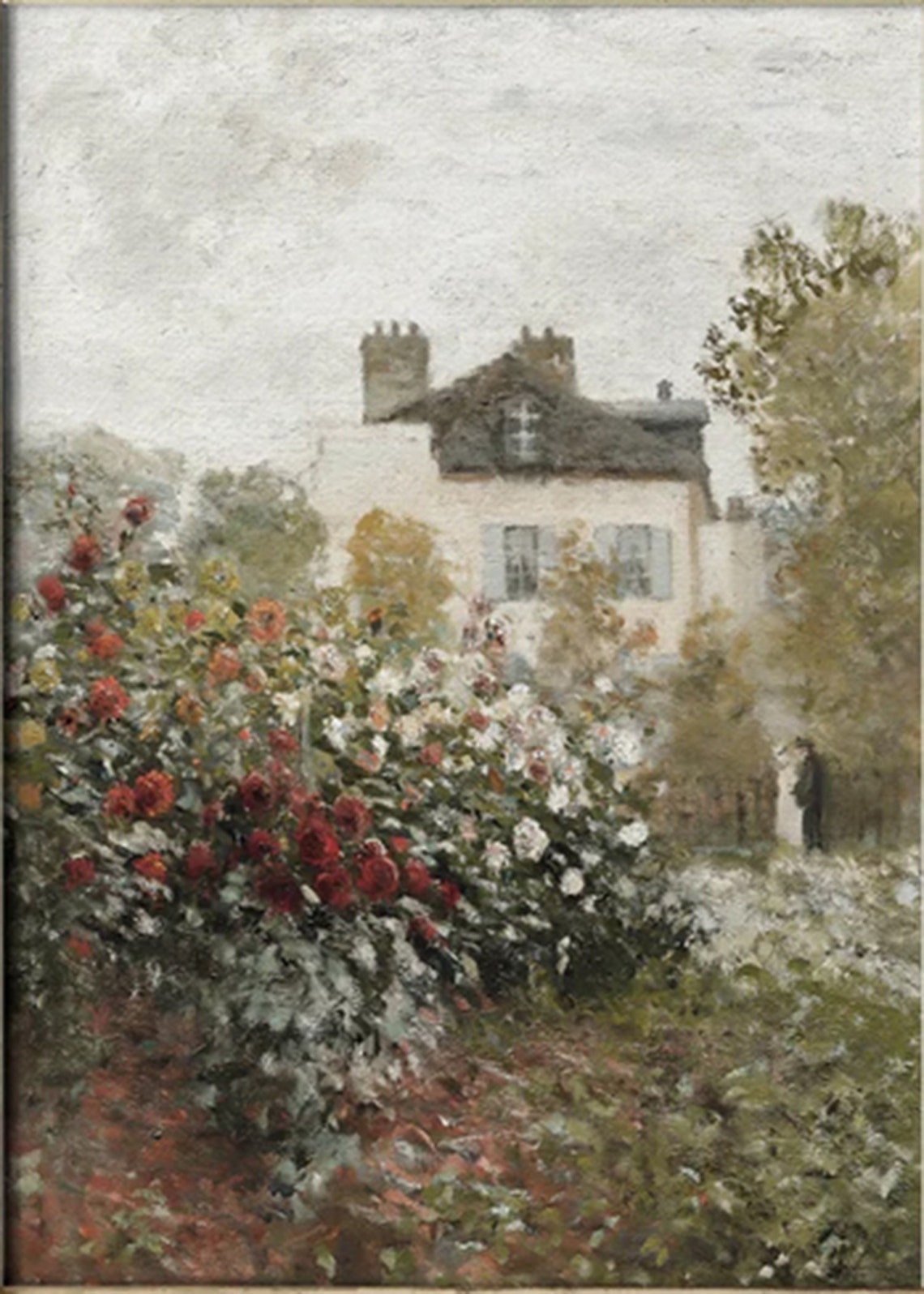 Red White Rose Garden in Front of White Country Cottage Art Poster - Image 2