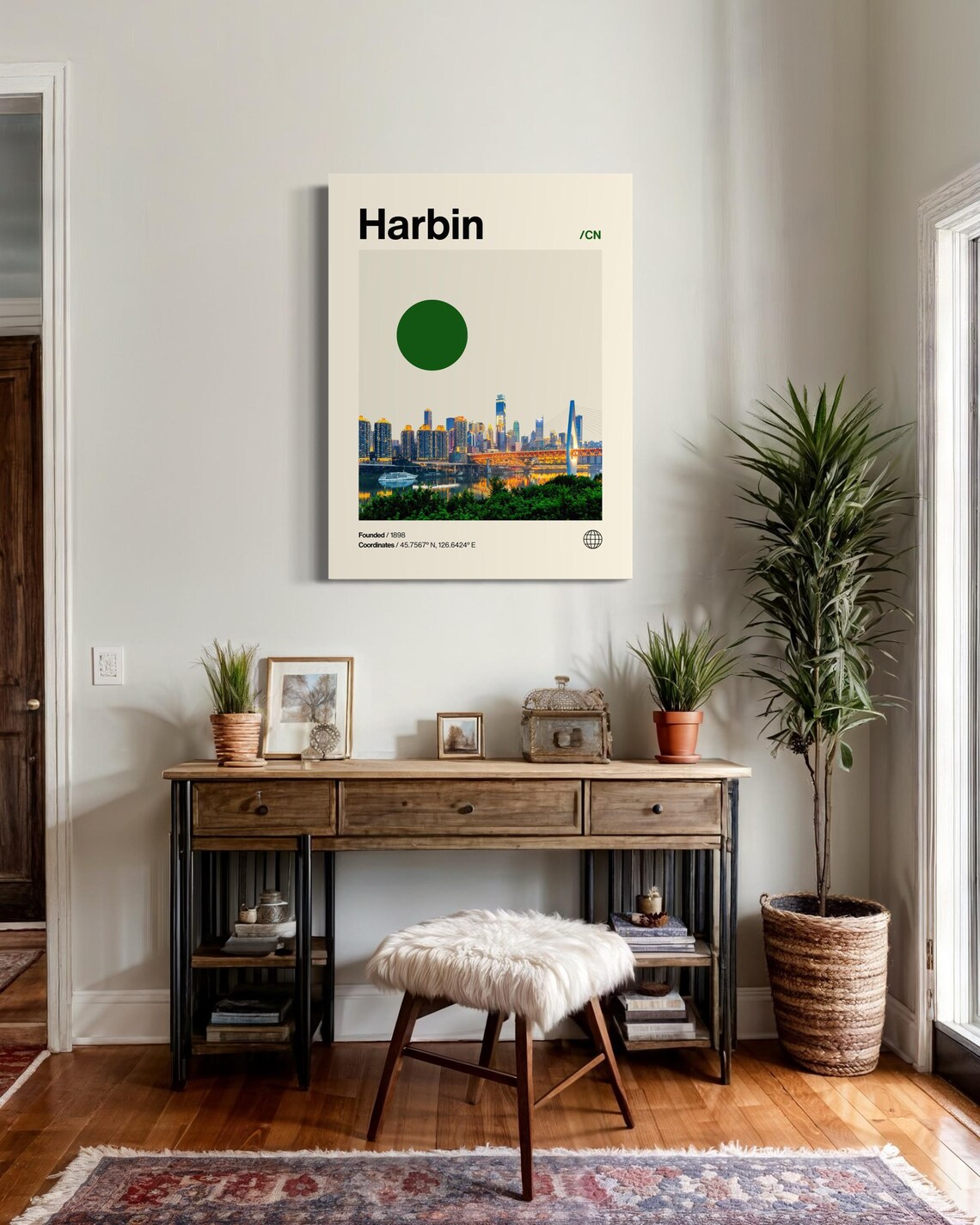 Harbin China Dusk Skyline Bridge Night Helvetica Travel Poster - Image 3