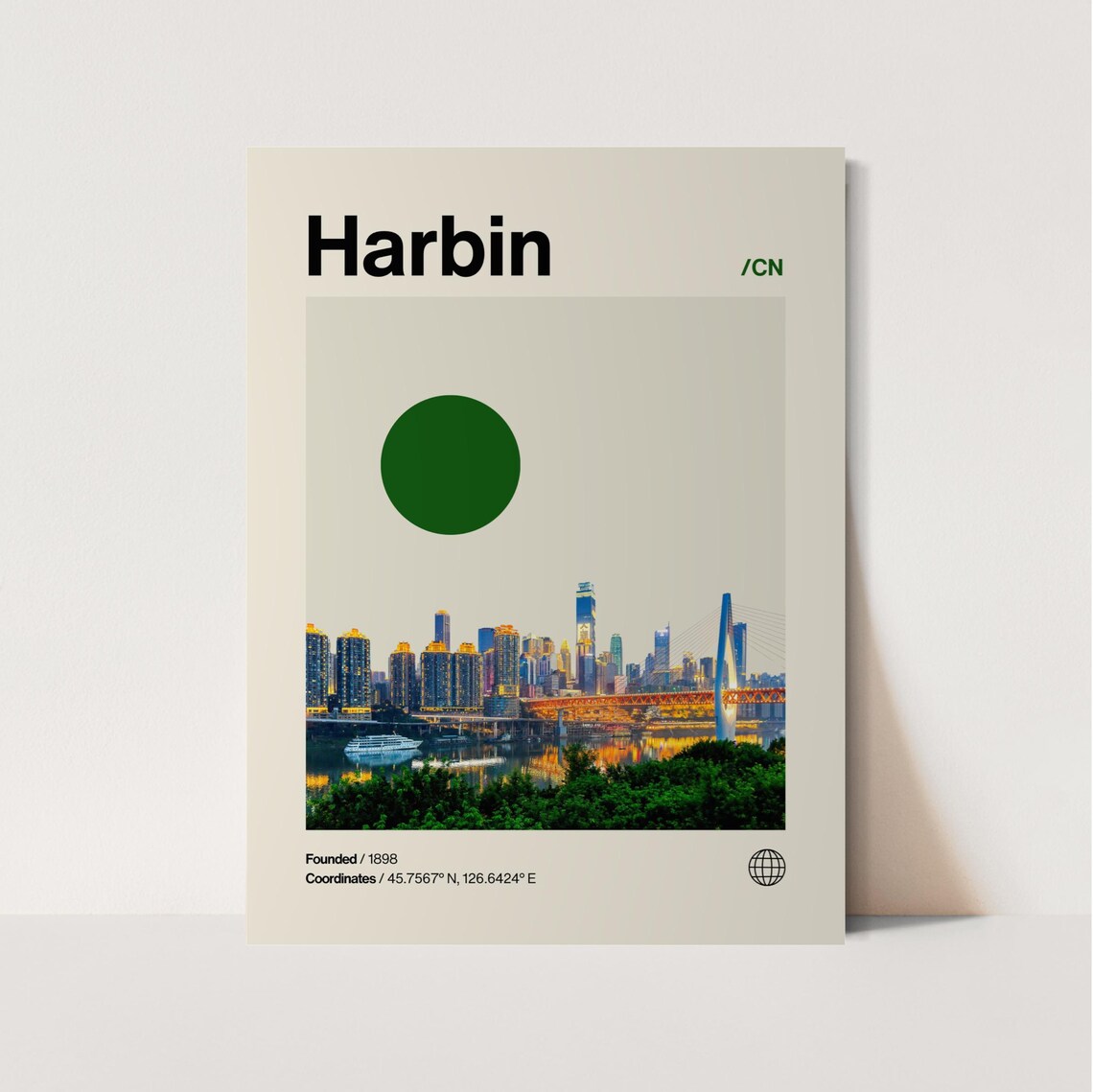 Harbin China Dusk Skyline Bridge Night Helvetica Travel Poster