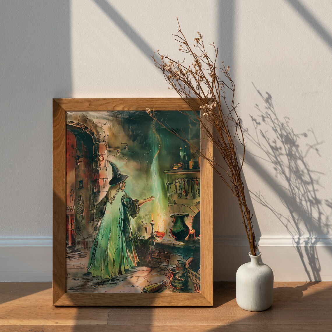 Green Witch Making Potions, Vintage Storybook Illustration - Image 3