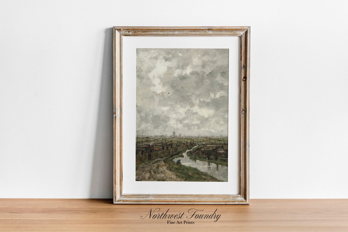 Dutch Canal and Windmill 19th Century Antique Oil Painting Poster - Image 2