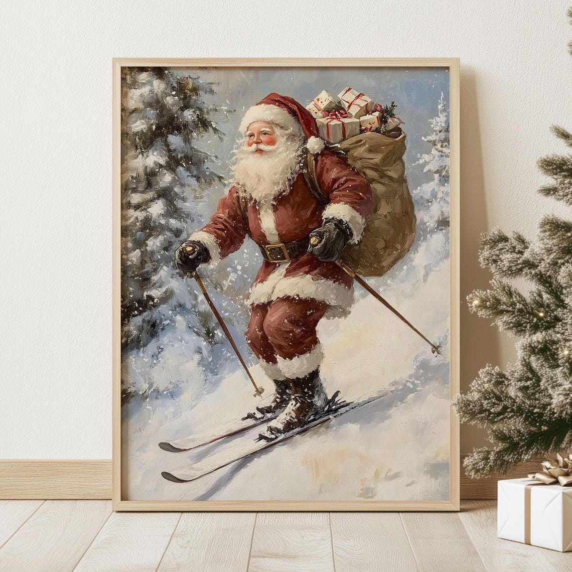 Santa Claus Skiing Downhill with Gift Sack Vintage Style Poster - Image 2