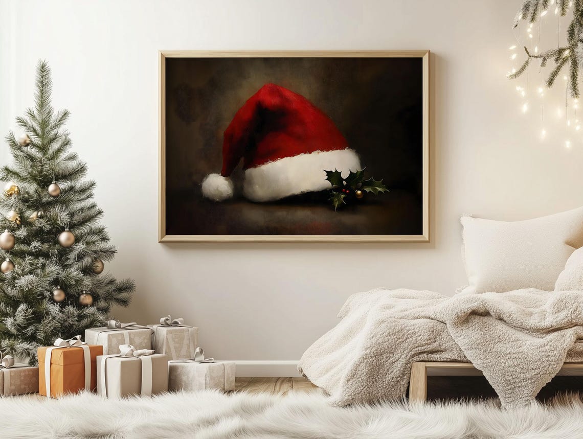 Moody Santa Claus Hat Still Life Oil Painting Vintage Cottagecore Holiday Season Gallery Decor Antique Winter Festivity Season Wall Art - Image 2