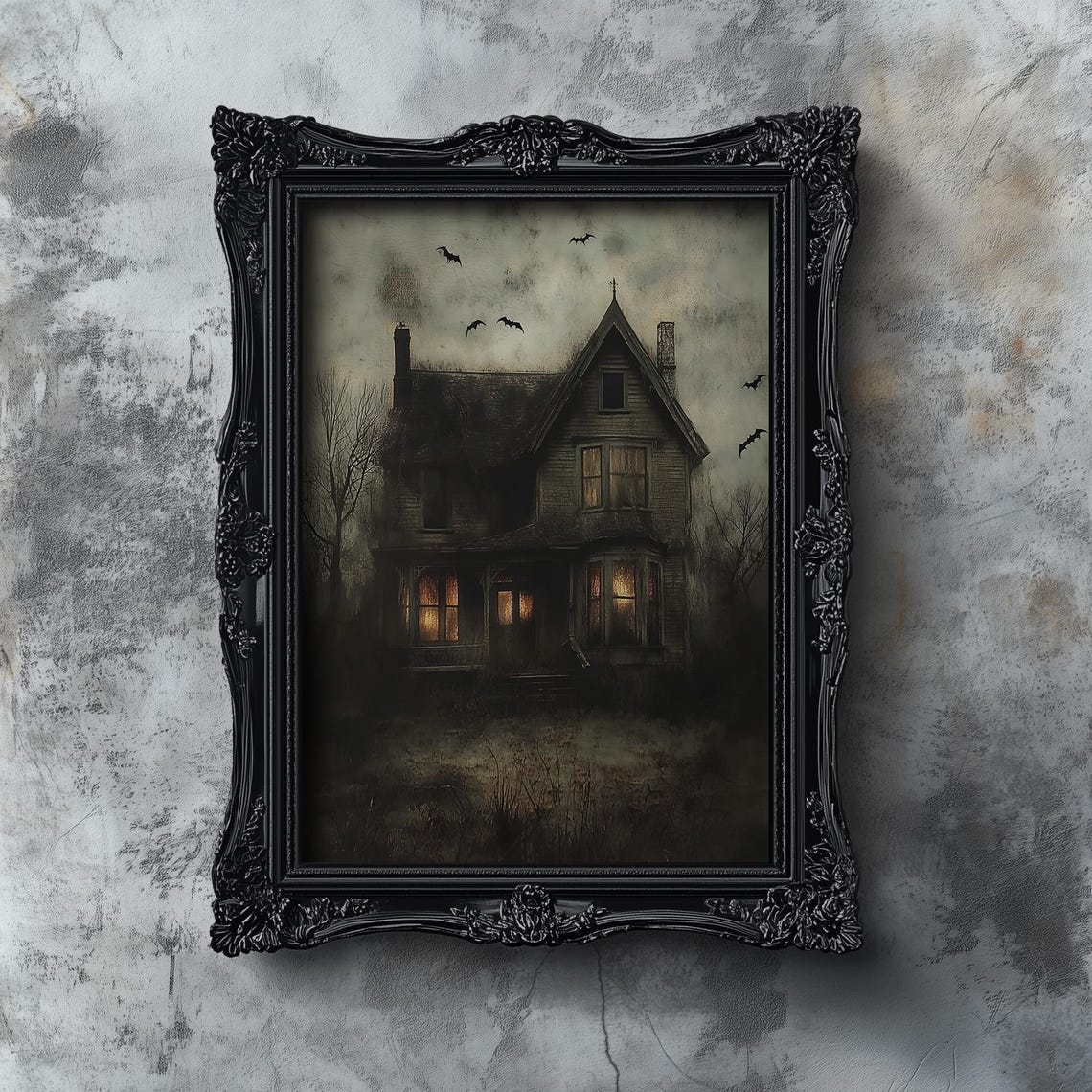 Haunted Victorian House with Bats Spooky Halloween Art Poster