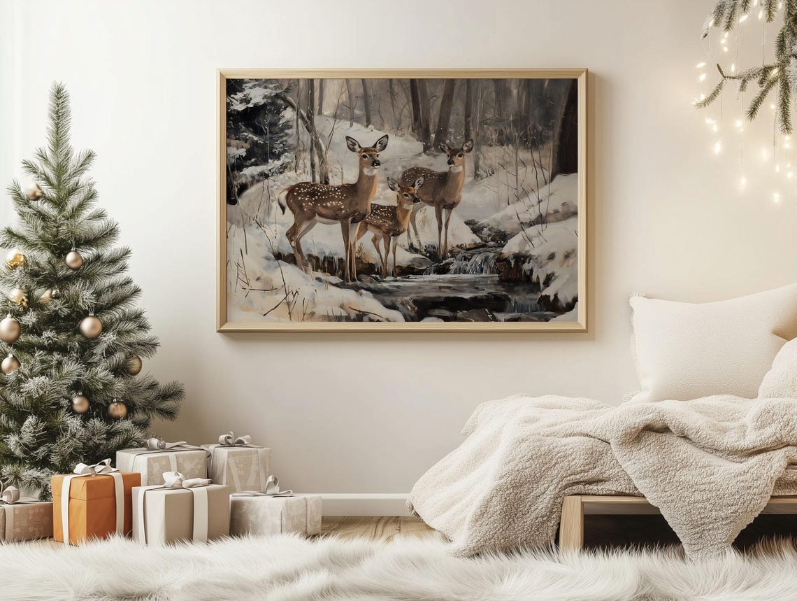 Three Deer at a Snowy Woodland Stream Antique Style Painting Poster - Image 2