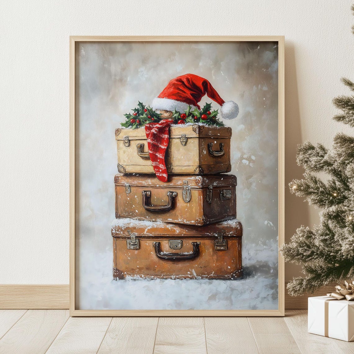 Snowy Vintage Suitcases with Santa Hat Holly Christmas Art Poster - Image 2