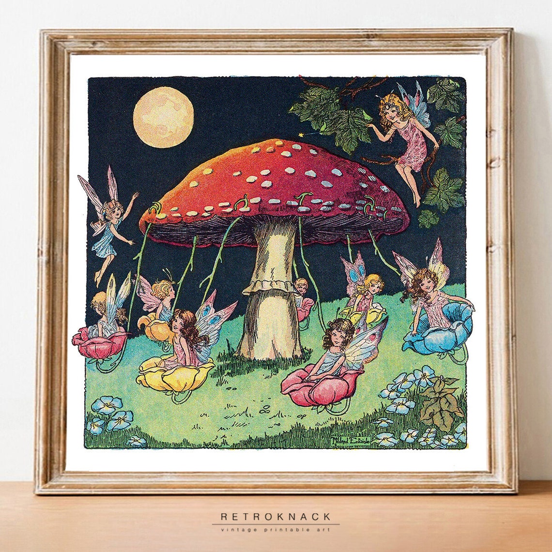 Fairies Under Toadstool Moonlight Vintage Fairy Ring Night Art Poster - Image 2