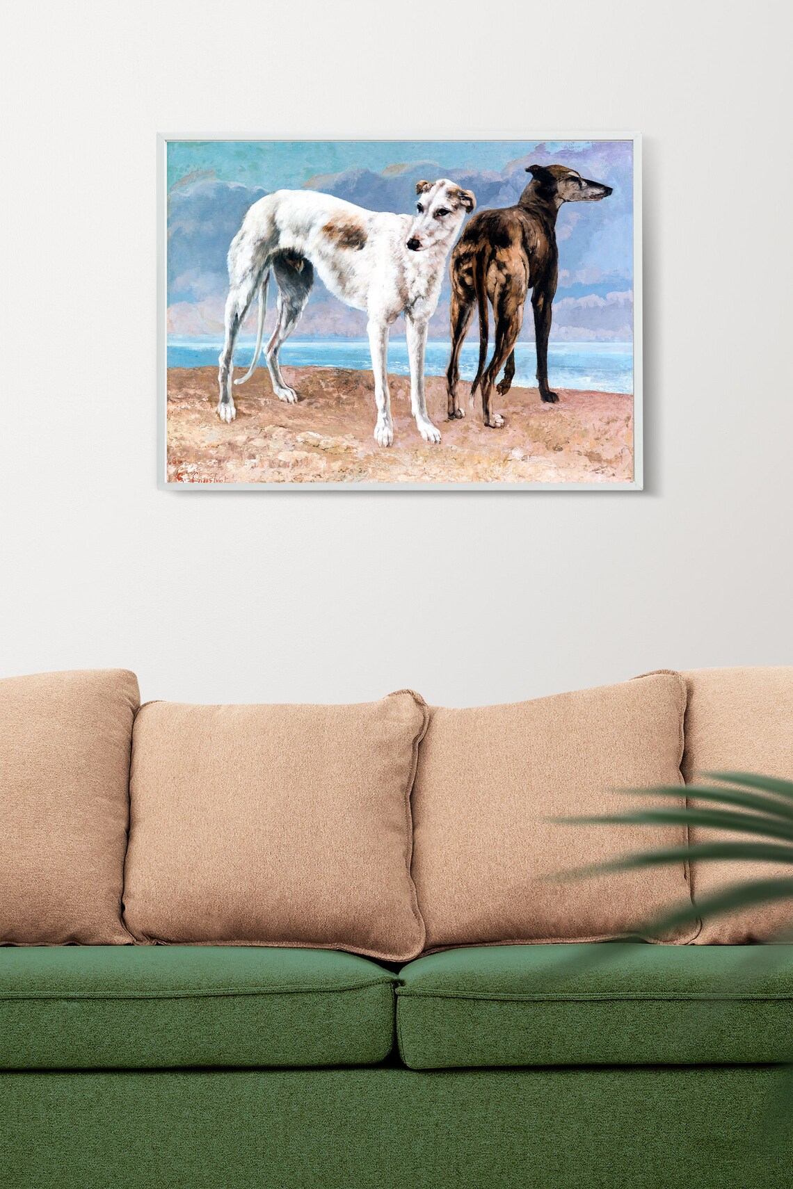 Antique French Greyhound Dogs on the Beach Vintage Oil Painting Print - Image 2