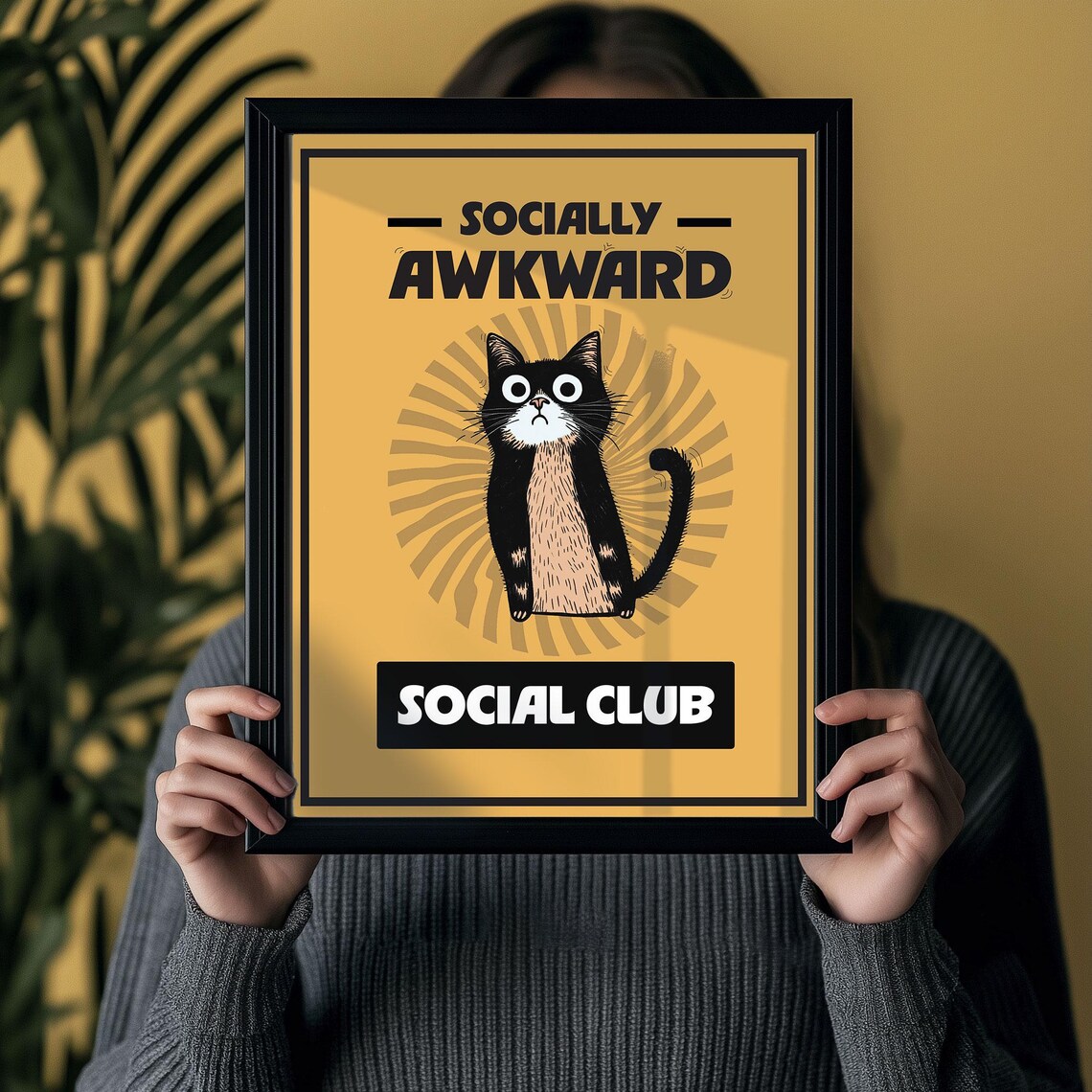 Socially Awkward Social Club Funny Black Cat Retro Mustard Poster - Image 4