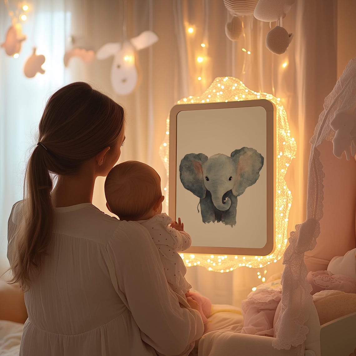 Cute Baby Elephant Watercolor Portrait Soft Gray Nursery Wall Art - Image 4