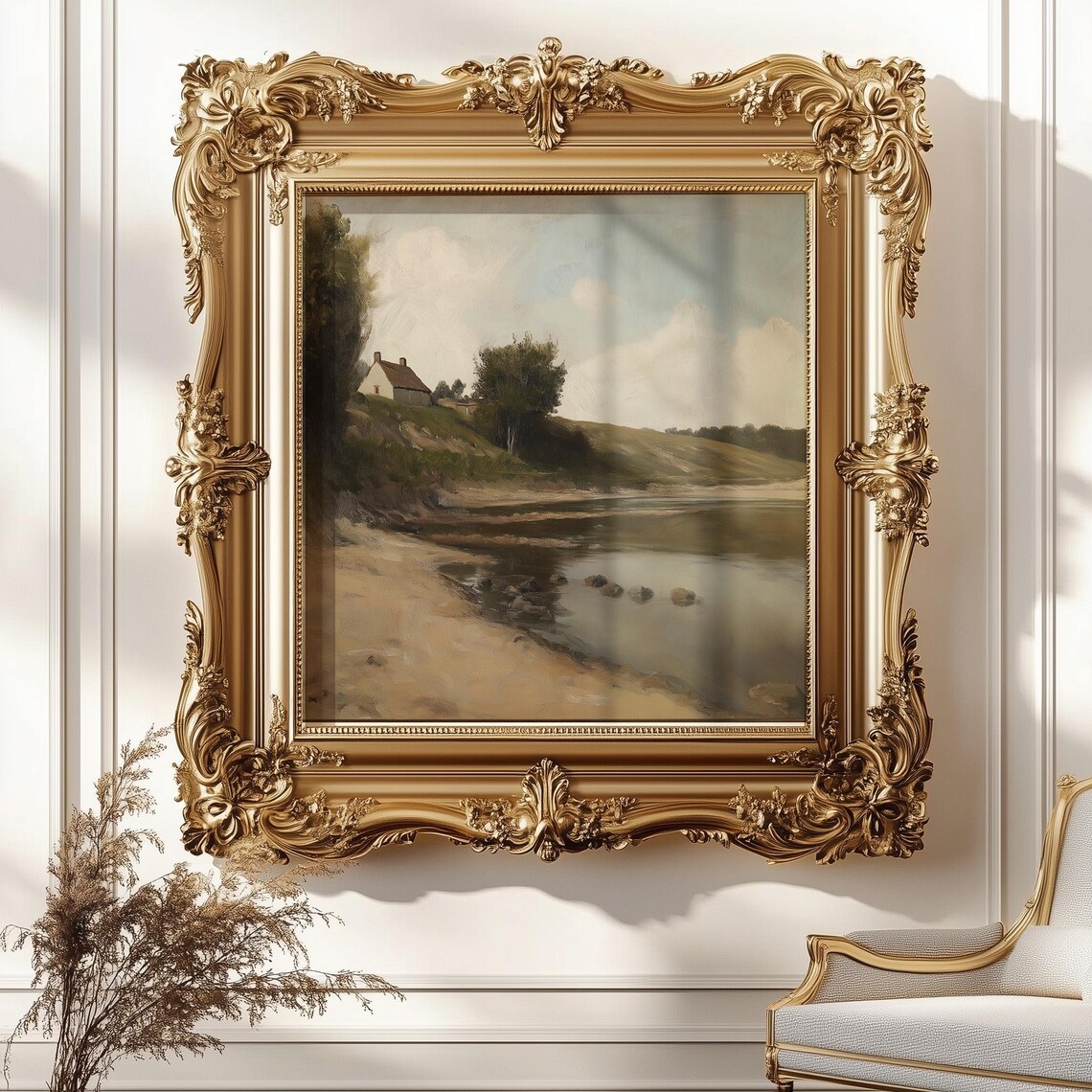 Vintage French Countryside Riverside Cottage Landscape Painting Poster