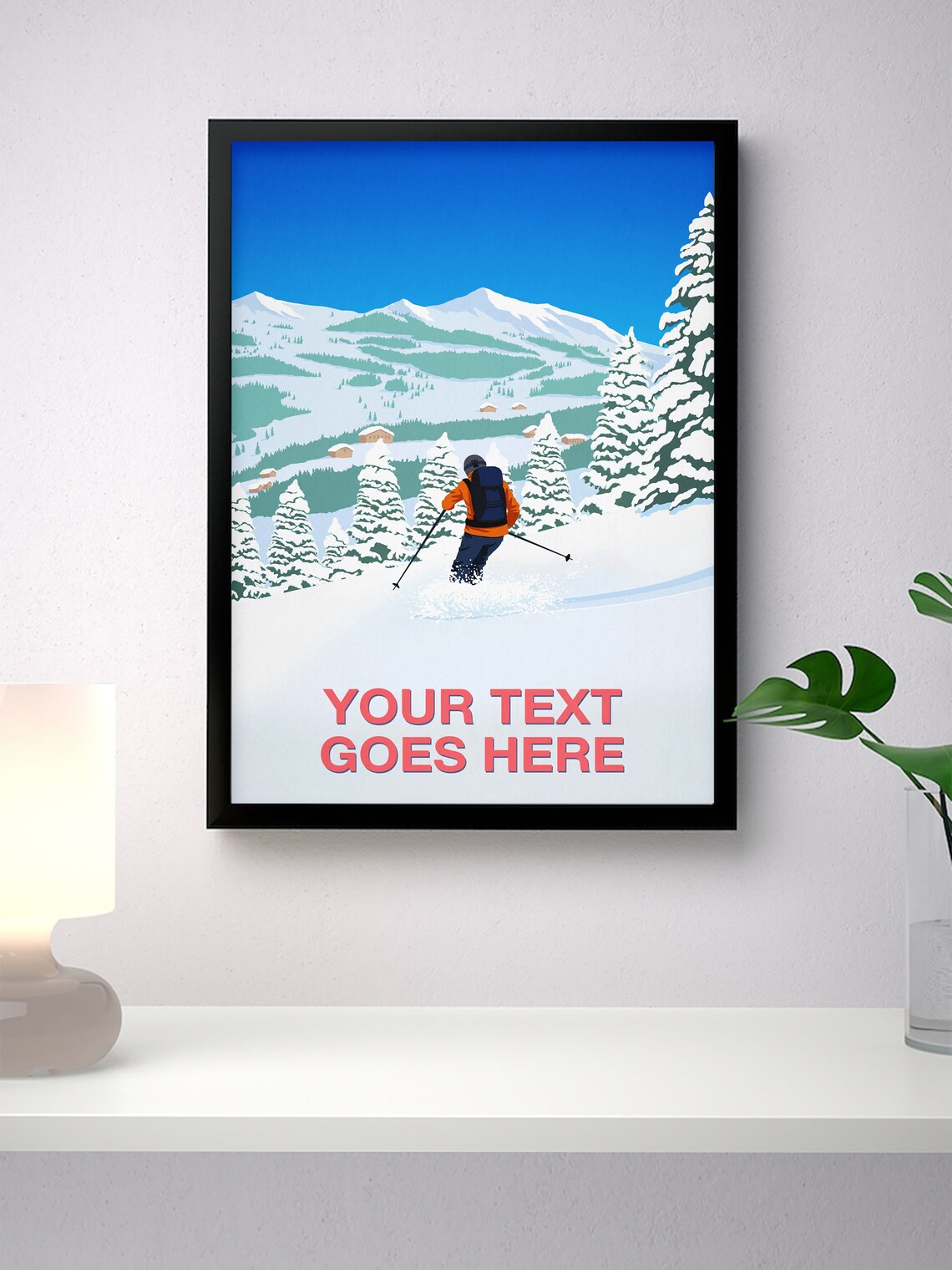 Personalised Ski Poster with Custom Text Skier Above Alpine Village - Image 4