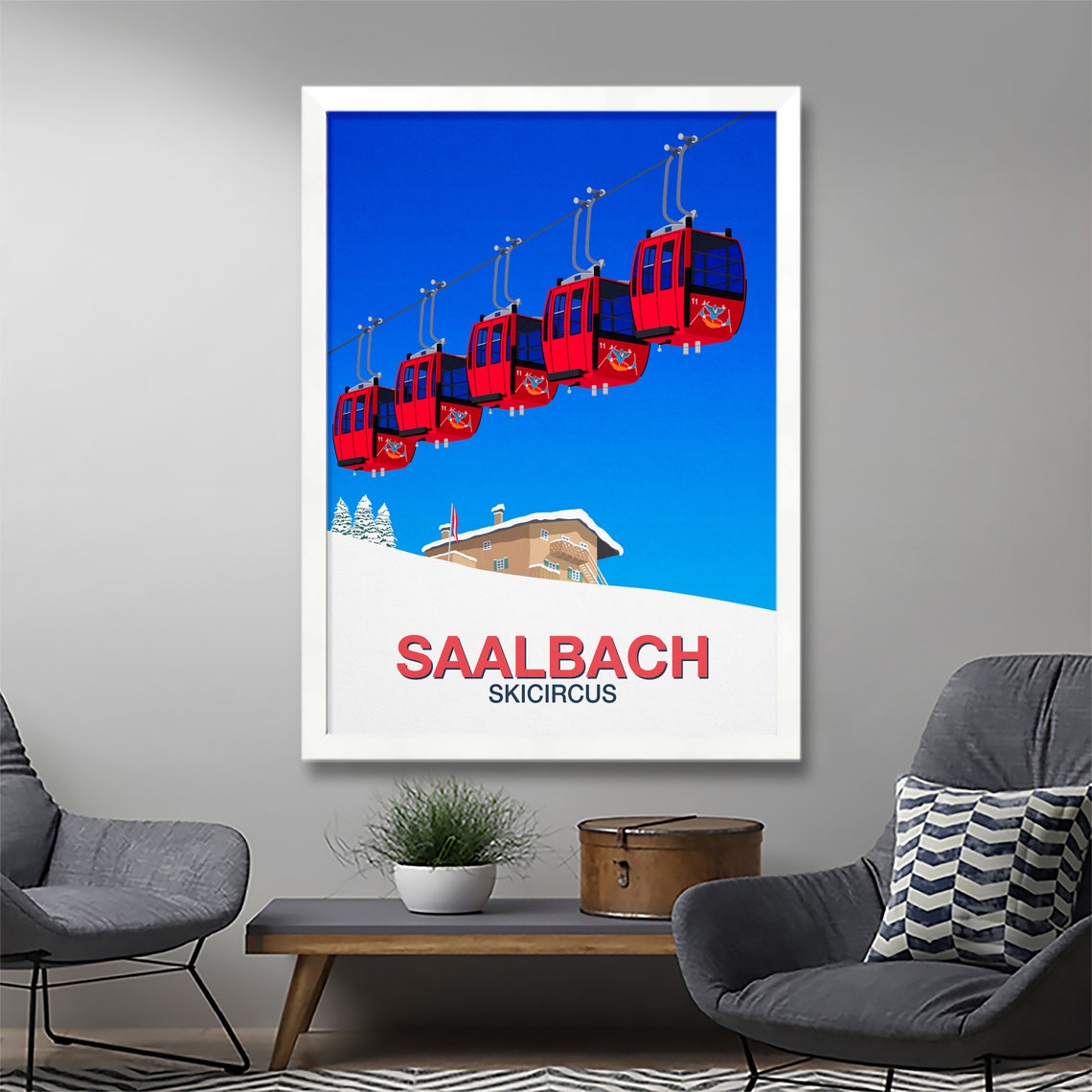 Saalbach Skicircus Ski Poster Red Gondolas Austrian Chalet Art - Image 2