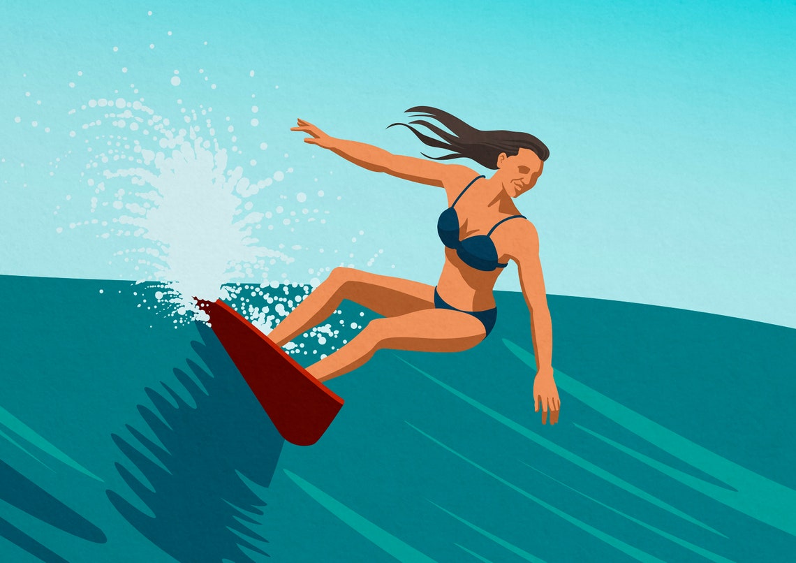 California Surf Poster with Woman Surfer on a Teal Wave Retro Beach - Image 3