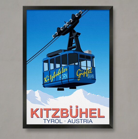 Kitzbuhel Tyrol Austria Blue Cable Car Gipfelbahn Travel Poster