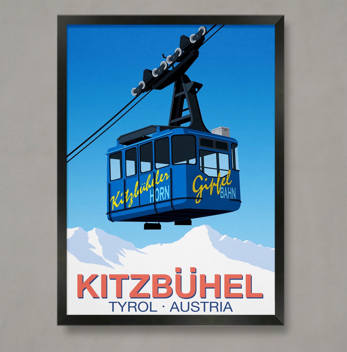 Kitzbuhel Tyrol Austria Blue Cable Car Gipfelbahn Travel Poster