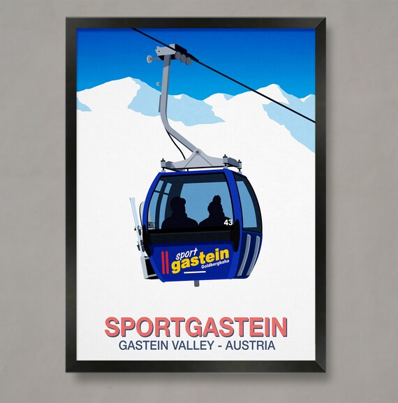 Sportgastein Ski Poster with Blue Gondola Gastein Valley Austria Peaks