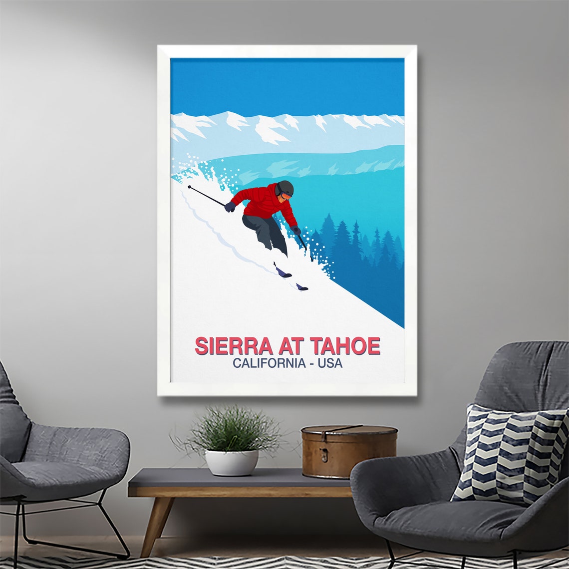 Sierra at Tahoe Ski Poster California Powder Carving Red Jacket - Image 2