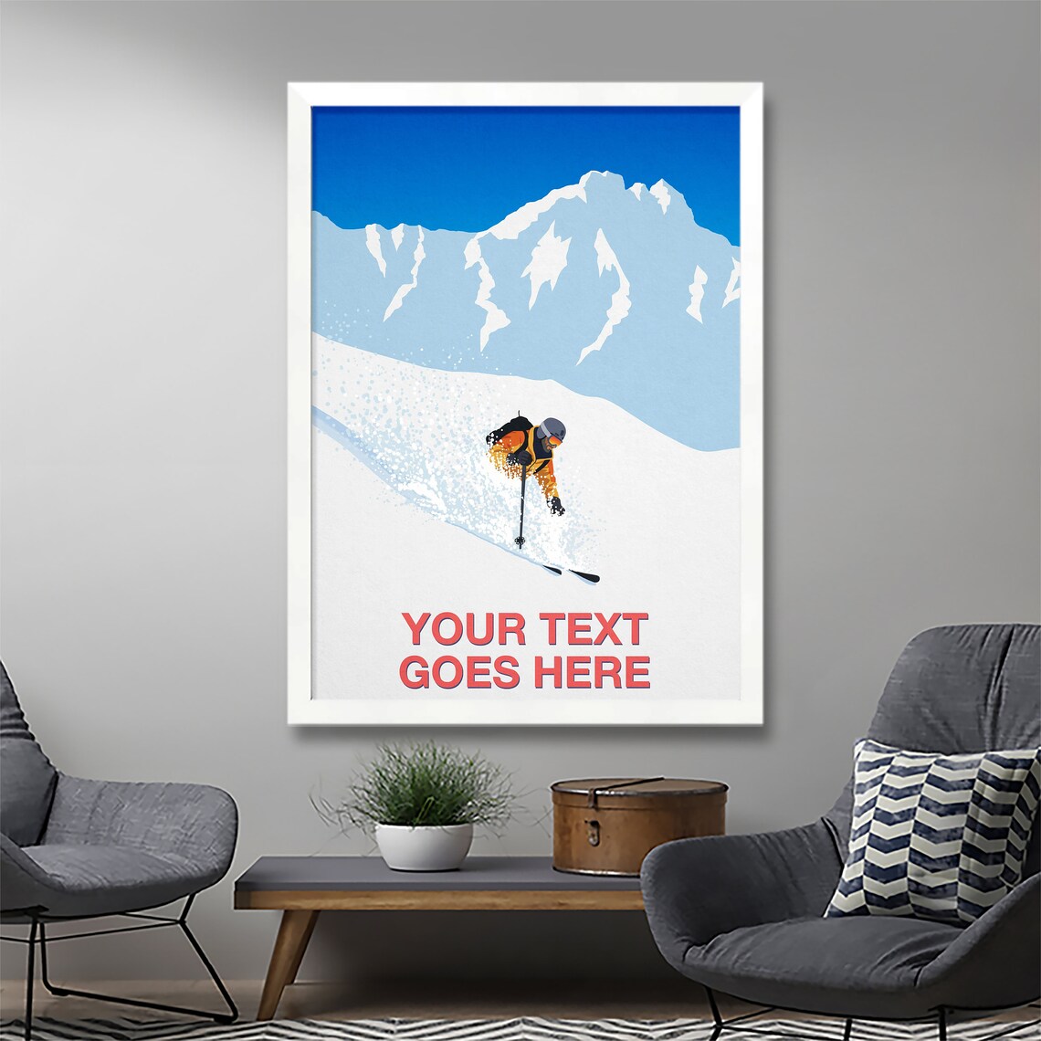 Personalised Ski Art Poster with Custom Text Powder Skier Mountain Scene - Image 3