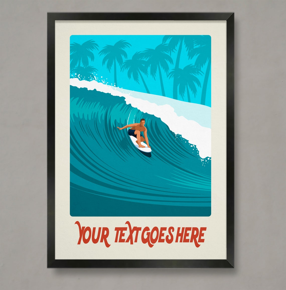 Personalised Palm Tree Surf Poster Custom Text Curling Wave Surfer Art