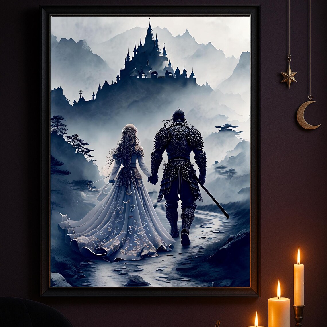 Warrior Princess Misty Mountain Castle Romance Fantasy Couple Poster