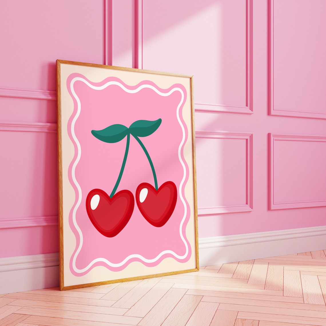 Wavy Heart Cherries Art Print, Cute Cherry Poster