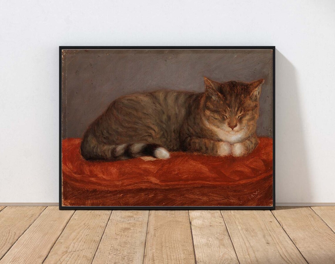 Vintage Cat Art Print, Rustic Folk Cottage Decor