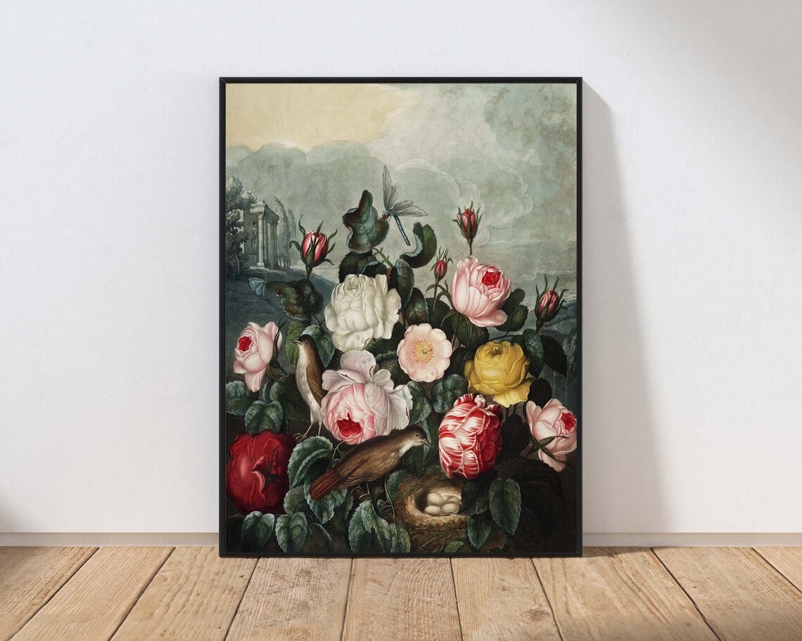 Vintage Roses Botanical Print with Birds Nest and Eggs Floral Painting