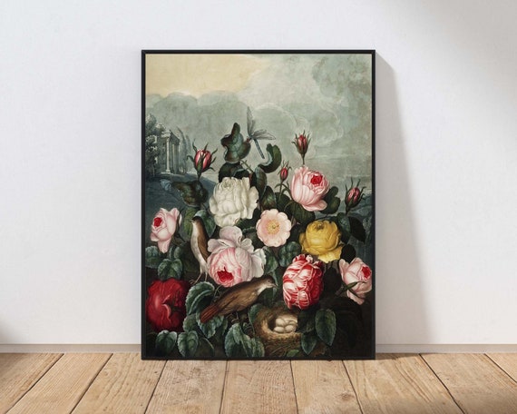 Roses Botanical Print Wall Art Vintage Birds Nest Eggs Red White Yellow Painting Interior Design Decor Mailed Or Instant File Thon5