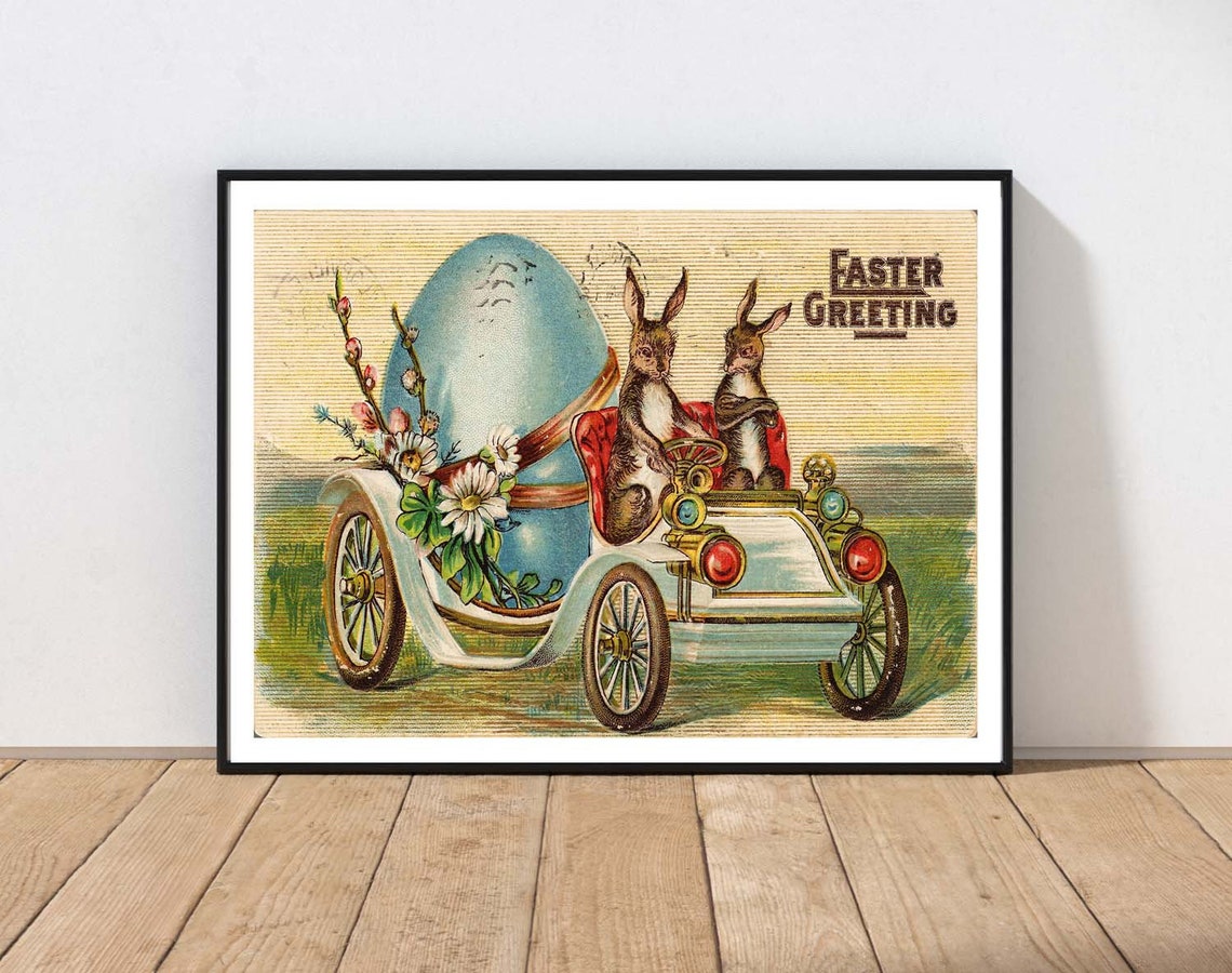 Vintage Easter Postal Card Wall Art Blue Egg Bunny Rabbit Car Flowers Spring Home Room Decor Mailed Print Or Instant East15