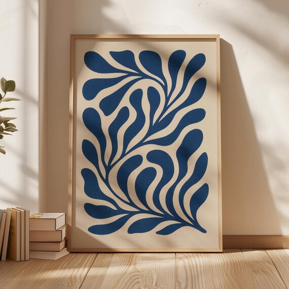 Indigo Blue Matisse-Style Botanical Leaf Minimalist Plant Poster