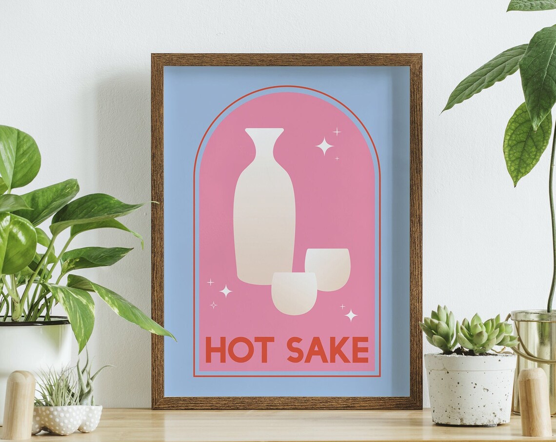 Hot Sake Bottle Cups Retro Japanese Bar Pink Blue Style Poster - Image 4