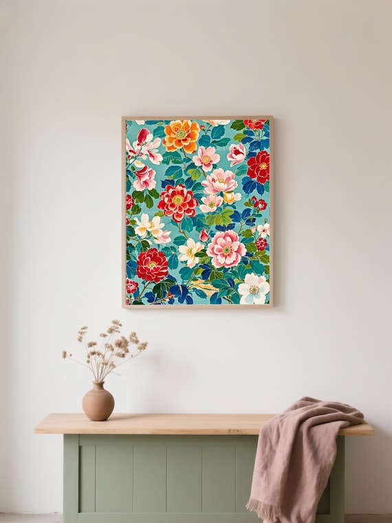 Chinoiserie Peony Turquoise Background Vintage Floral Art Poster