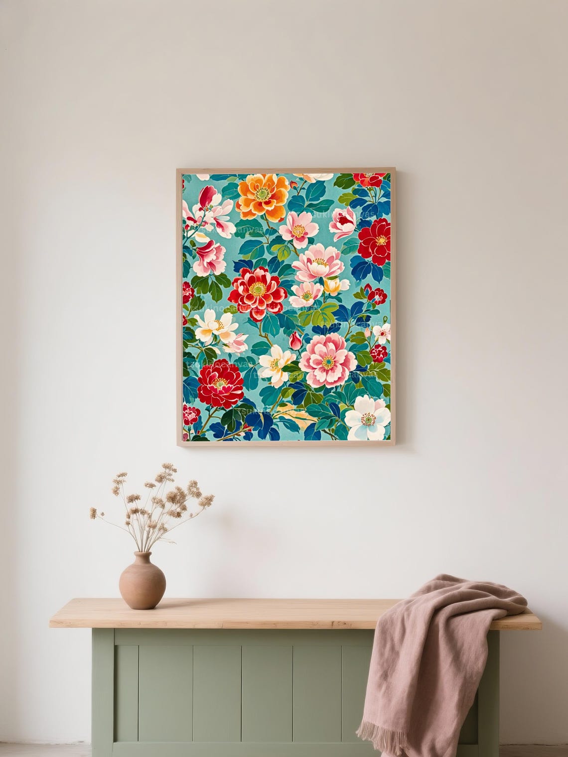 Chinoiserie Peony Turquoise Background Vintage Floral Art Poster