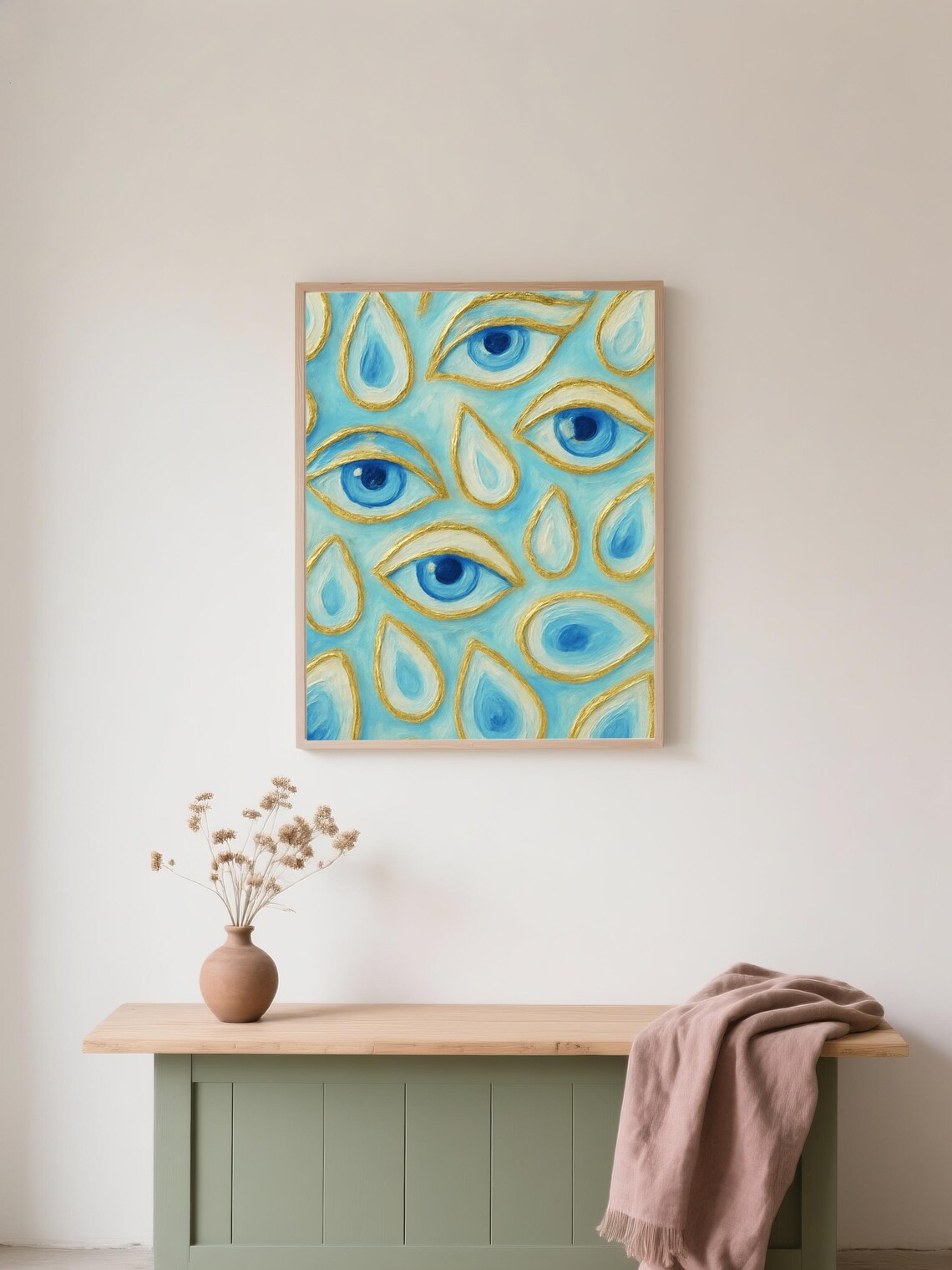 Blue Evil Eye Abstract Face Print Boho Oyster Shell Wall Decor