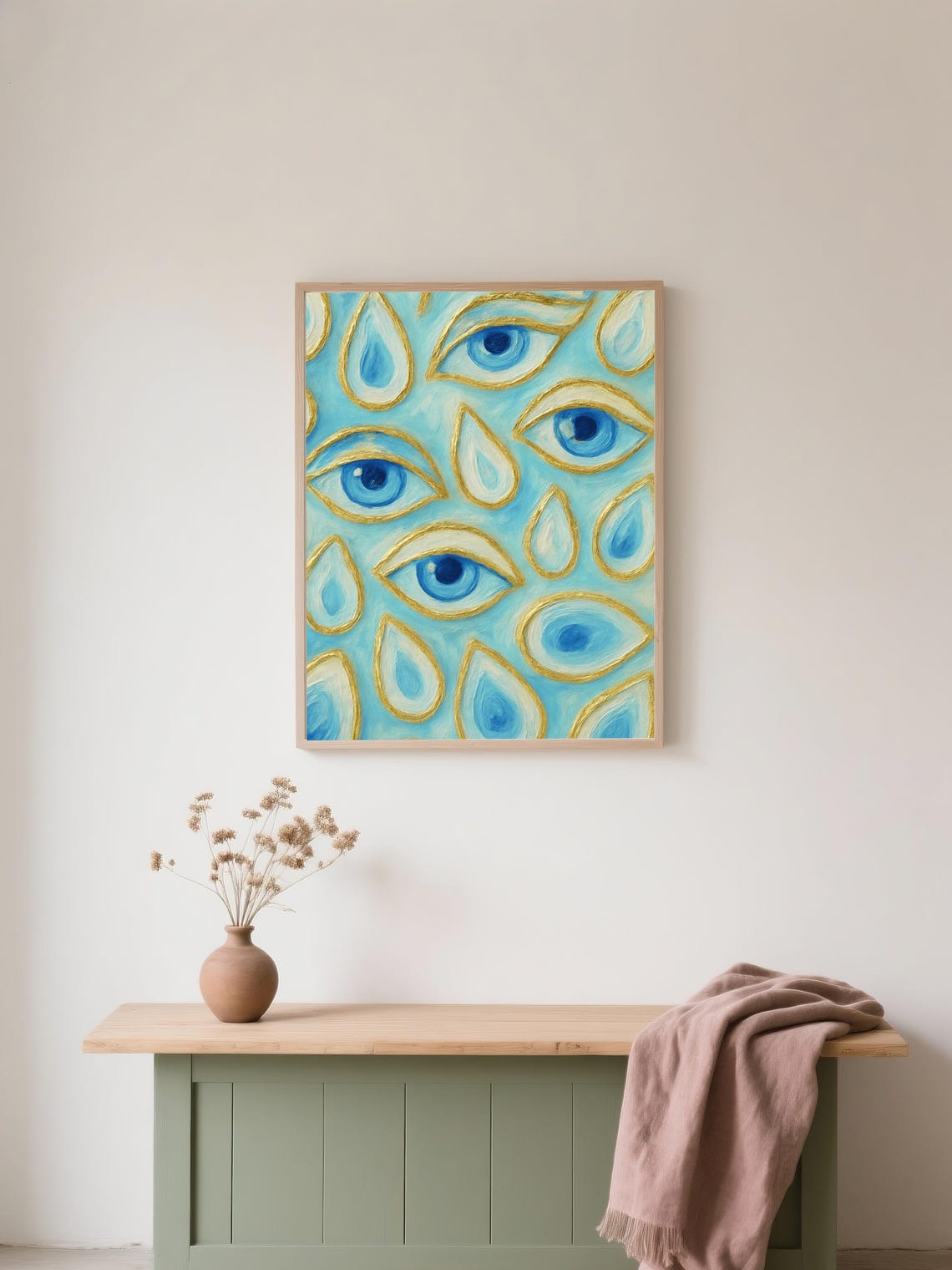 Blue Evil Eye Abstract Faces Gold Boho Protective Art Poster